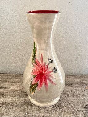 Heidi Schoop Vintage Hand-Painted Grey Pottery 12” Vase with Red Vibrant Floral